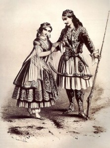 Gravure showing traditional Greek costumes. Public domain.